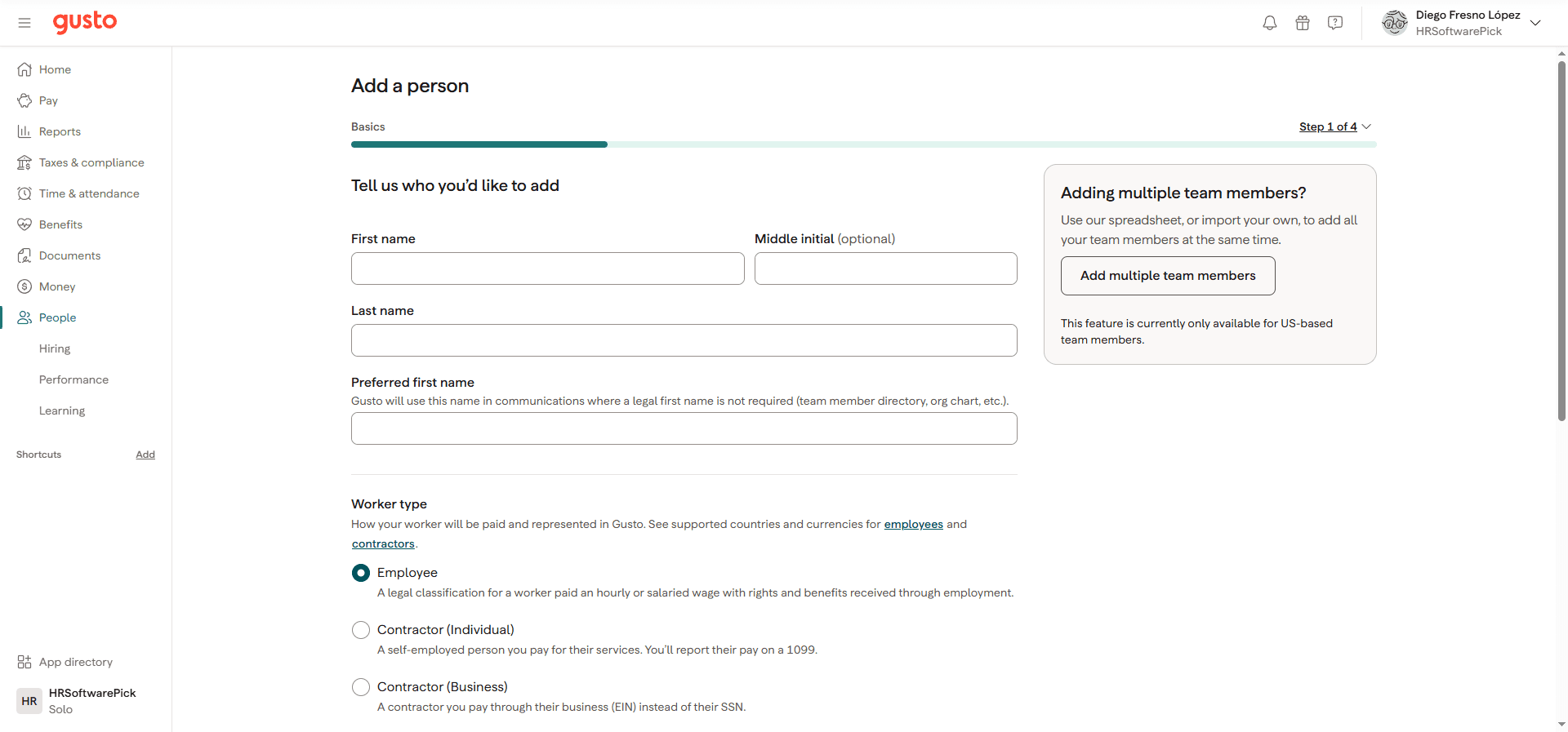 Gusto Add a person form showing worker type options: Employee, Contractor Individual, Contractor Business, External collaborator, and Unpaid team member