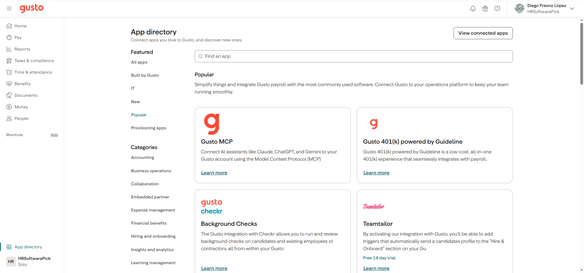 Gusto app directory showing popular integrations including Gusto MCP for AI assistants, 401k via Guideline, background checks via Checkr, QuickBooks, Xero, Slack, Salesforce, and more