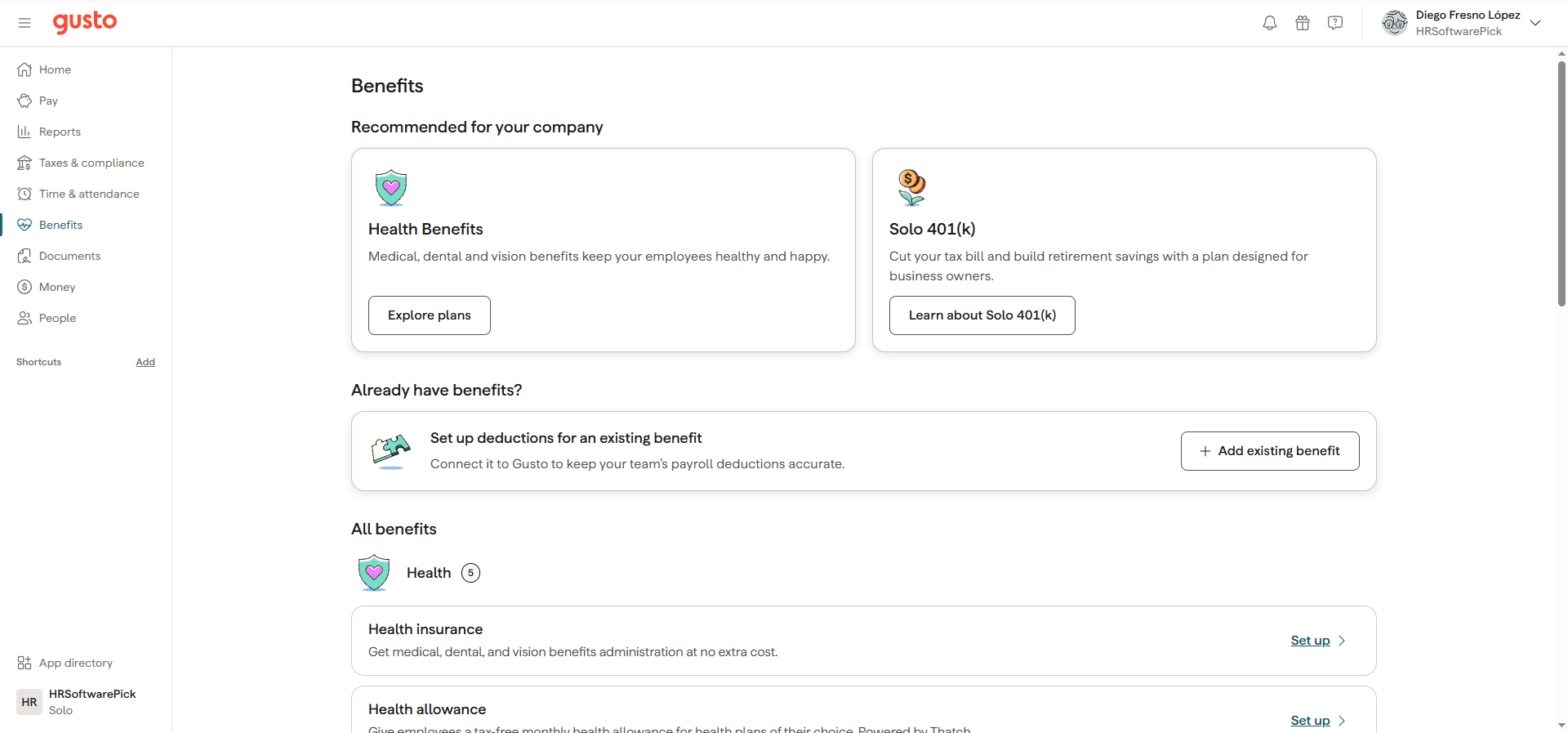 Gusto benefits dashboard showing Health Benefits and Solo 401k recommended for the company, with the full benefits catalog below