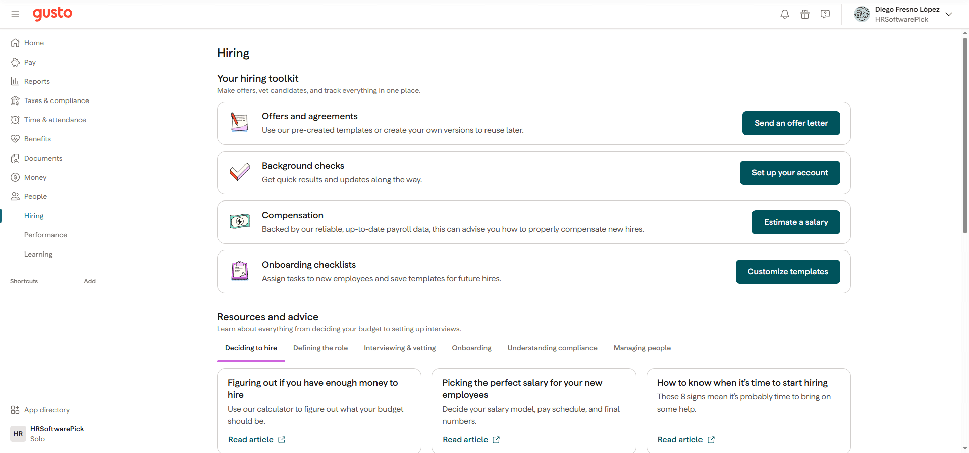 Gusto Hiring section showing four tools: offers and agreements, background checks via Checkr, compensation estimator, and onboarding checklists