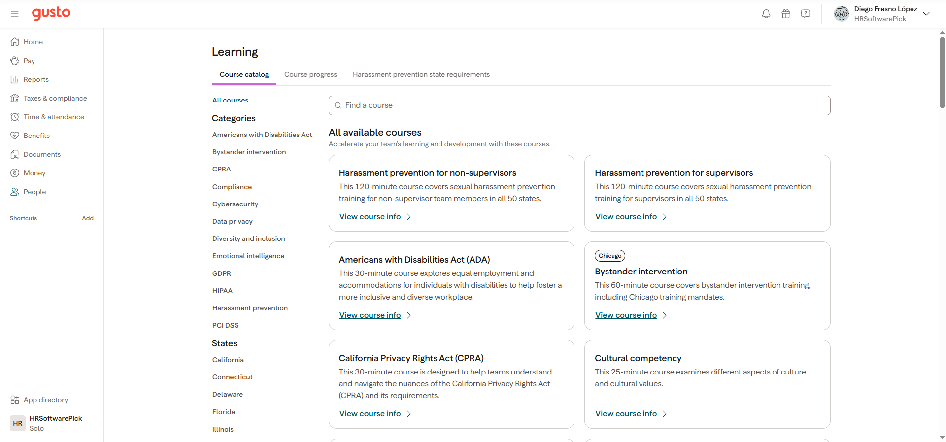 Gusto Learning course catalog showing 30+ compliance courses including harassment prevention, ADA, CPRA, cybersecurity, HIPAA, and state-specific variants