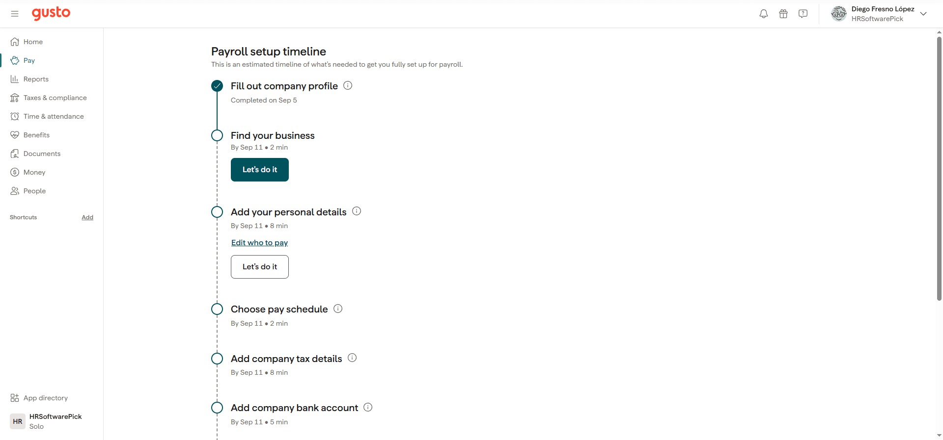 Gusto payroll setup timeline showing step-by-step configuration with time estimates for each task