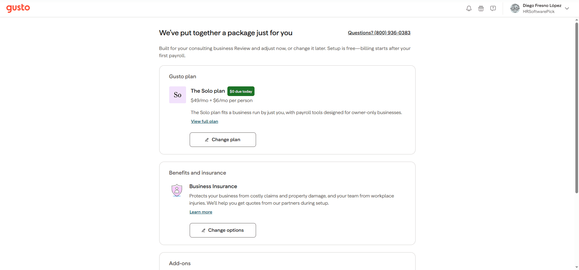Gusto package recommendation screen showing the Solo plan at $0 due today with billing starting only after the first payroll