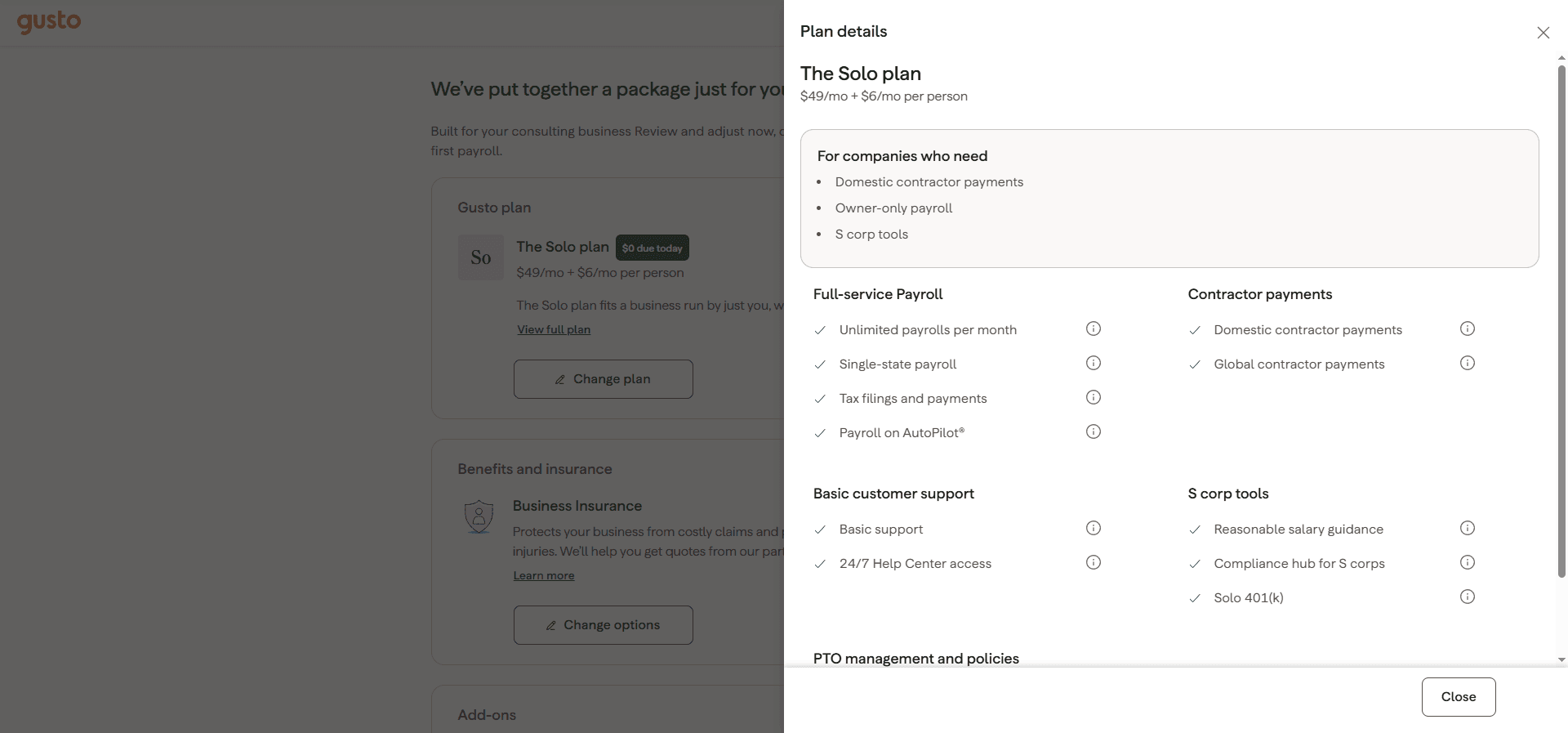 Gusto Solo plan features modal showing full-service payroll, S corp tools including reasonable salary guidance and Solo 401k, and global contractor payments