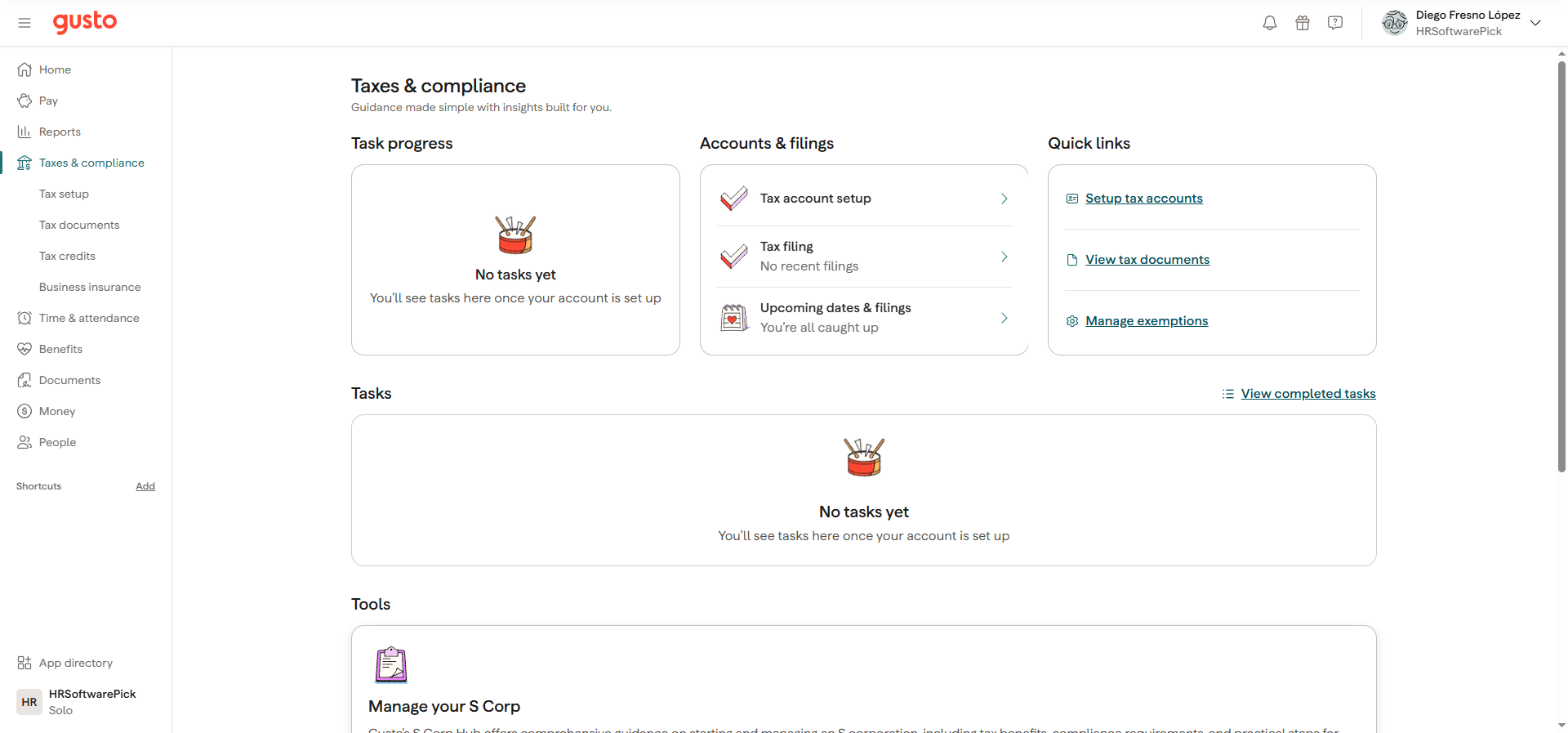 Gusto Taxes and compliance dashboard showing tax account setup, tax filing status, upcoming dates, and the S Corp hub tool